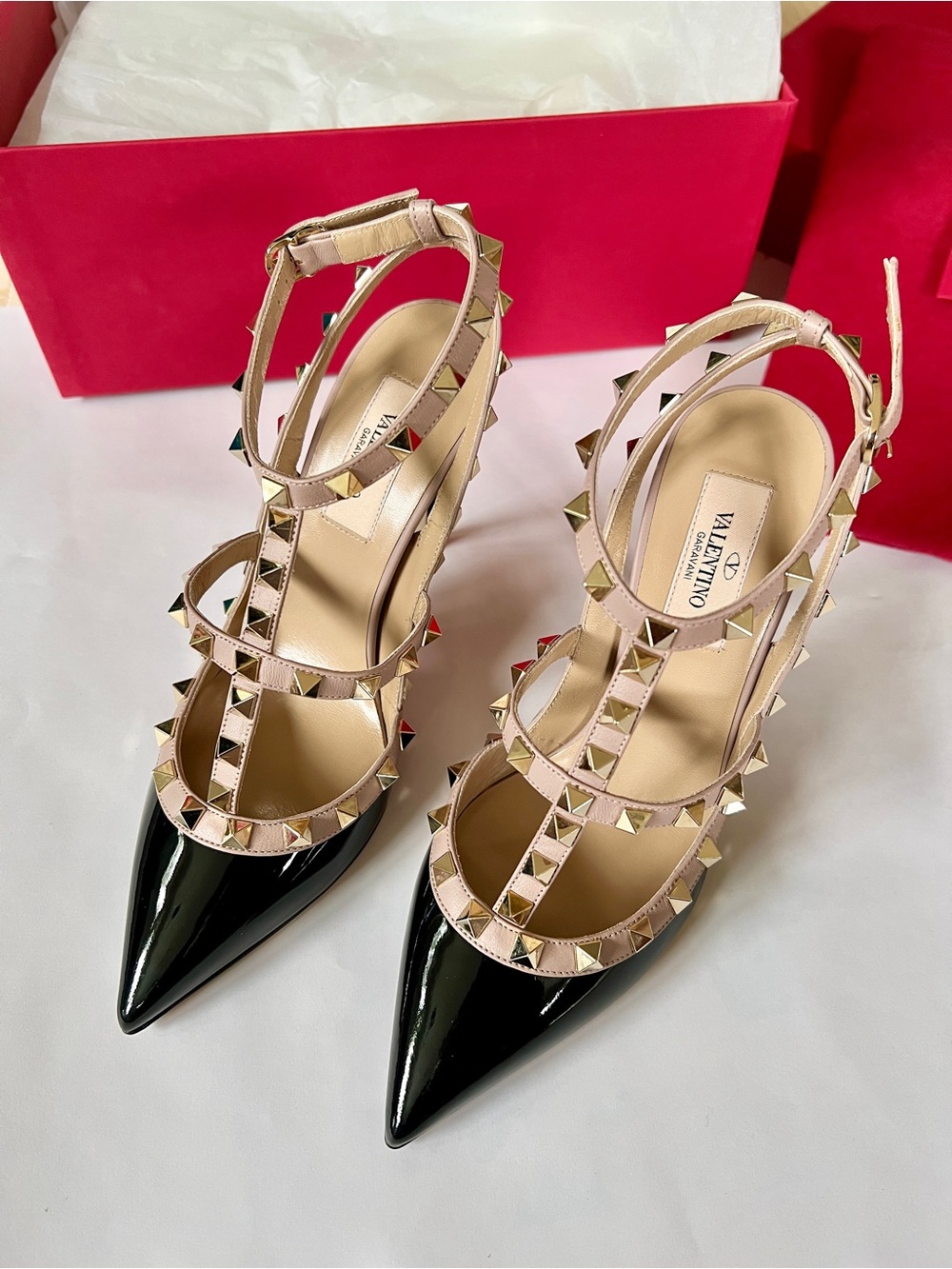 Valentino Black Patent Leather Rockstud T-Strap Pumps with Nude Straps